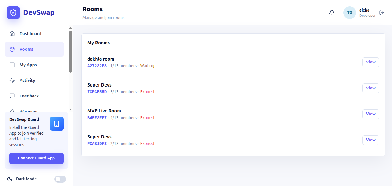 Rooms dashboard screenshot